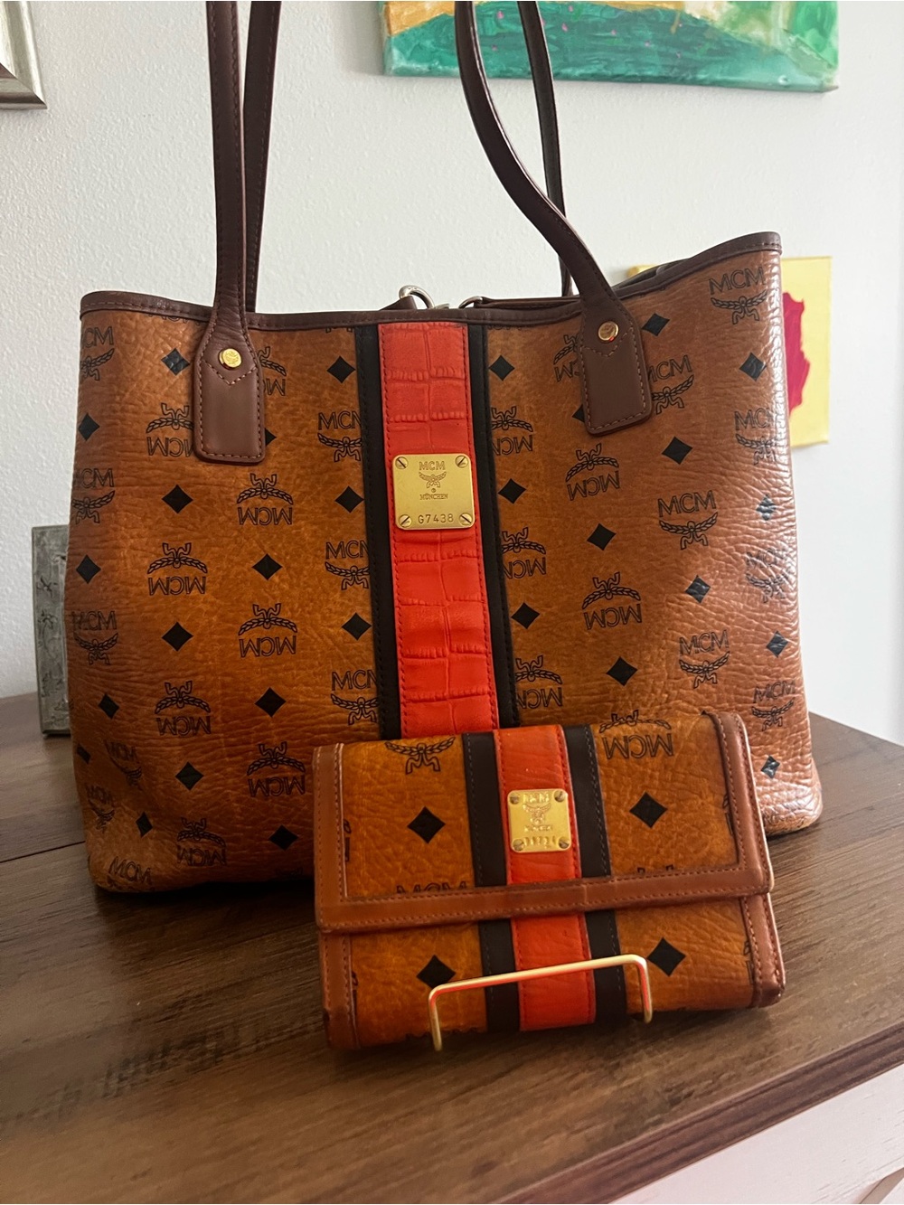 MCM Visetos Medium Shopper Tote & Matching Wallet Set Orange Racer Stripe